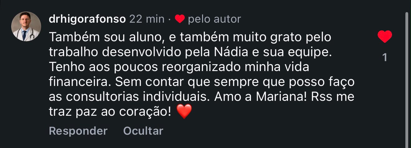 Comentario no Instagram: sempre que posso faco as consultorias individuais, me traz paz ao coracao